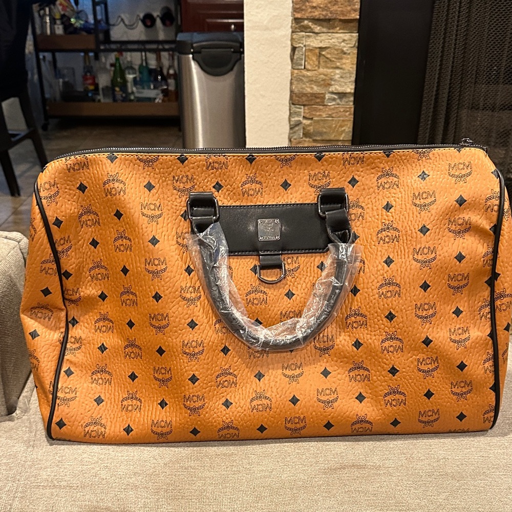 MCM Cognac Logo Travel Weekender with Black Trim